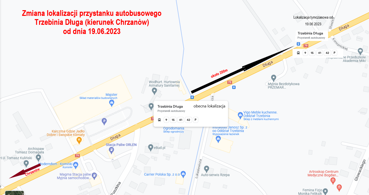 zmiana lokalizacji przystanku Trzebinia Długa, przystanek przeniesiony z dotychczasowej lokalizacji o 200m w kierunku wiaduktu (Klasztoru)